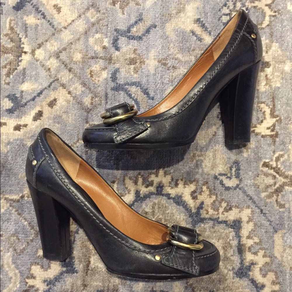 Chloe Navy Leather Buckle Pumps
